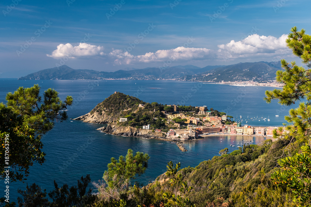 塞斯特里·莱万特及其海角的全景；背景是利古里亚海岸线