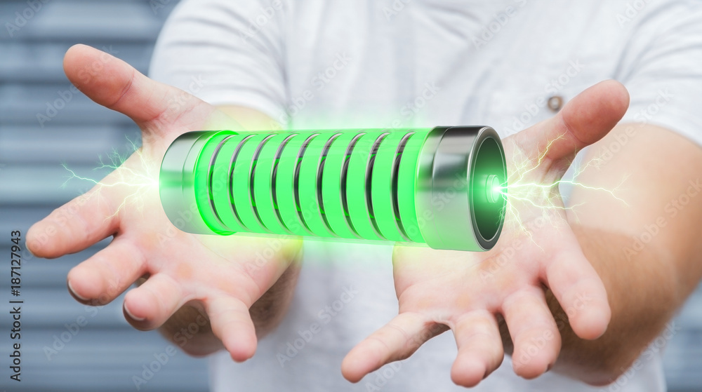 Businessman using green battery with lightnings 3D rendering