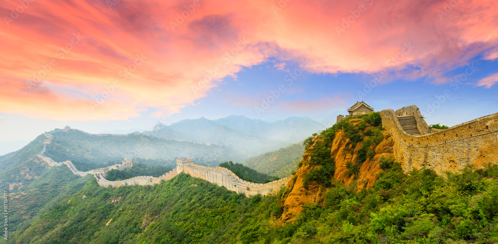 Great Wall of China at the jinshanling section,sunset landscape