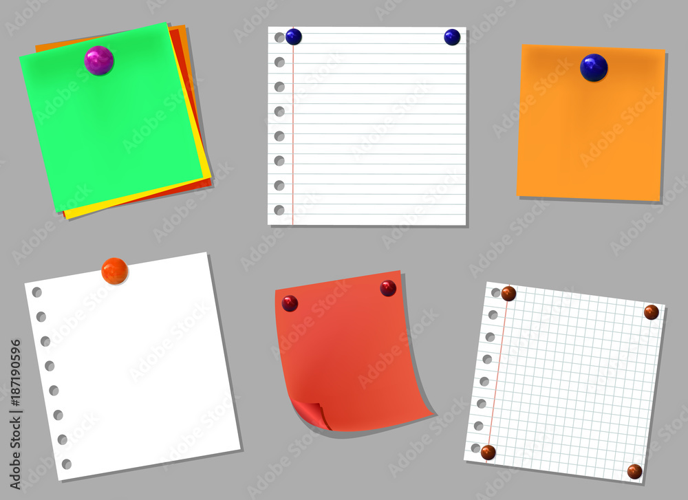 VECTOR design elements set: notebook pages with realistic pin buttons