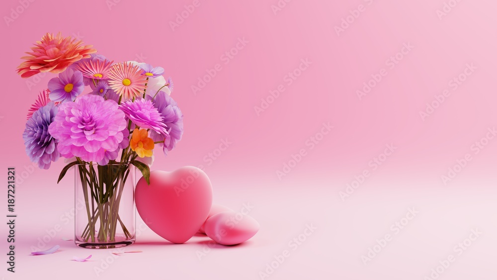 Valentine Day on pink background with red hearts and Multicolor flowers,3D rendering