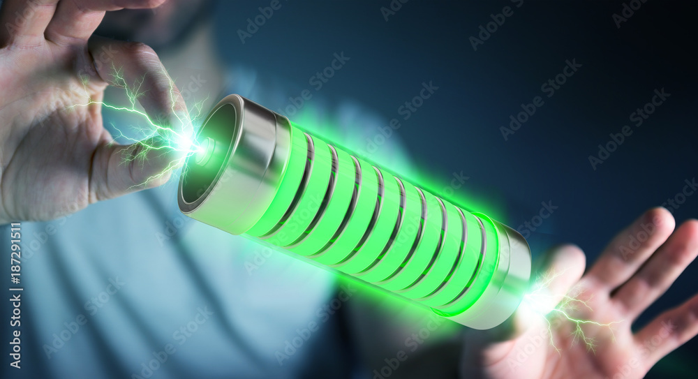 Businessman using green battery with lightnings 3D rendering