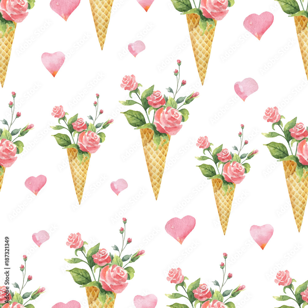 Watercolor vector creative hand painted seamless pattern from green leaves, flowers roses and hearts