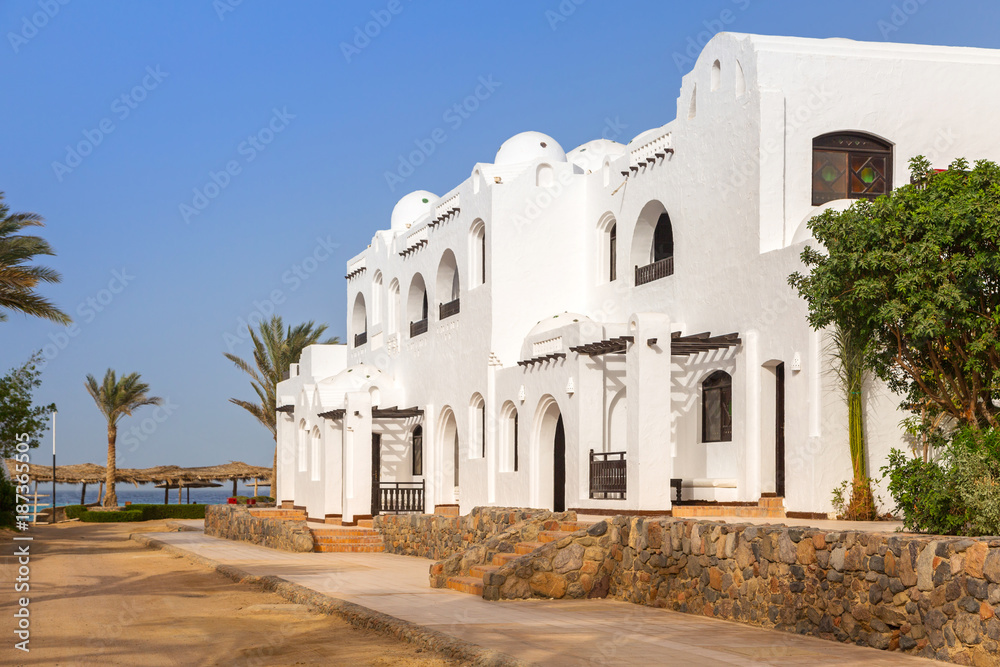 Traditional white egyptian architecture in Hurghada harbor