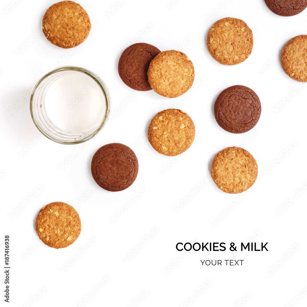 Creative layout made of cookies and glass of milk. Flat lay. Food concept. Cookies and glass of milk