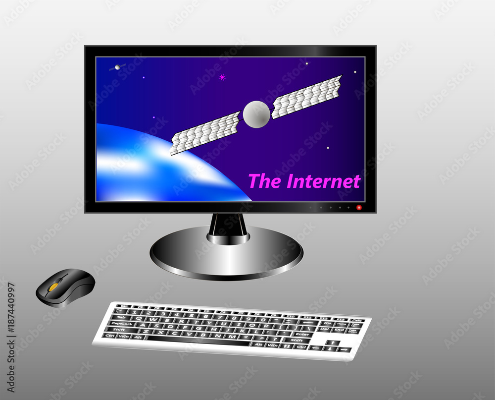 Keyboard, mouse and monitor with a starry sky, earth and communication satellite. Vector illustratio