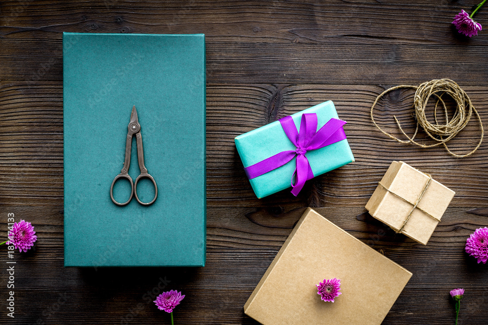 wrapping gifts in box for holiday top view mock up