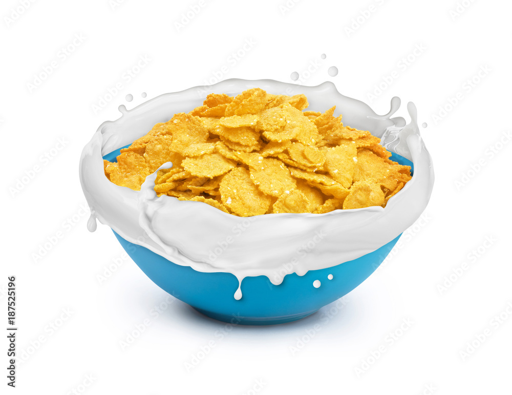 Bowl with flakes with milk splashes on white background