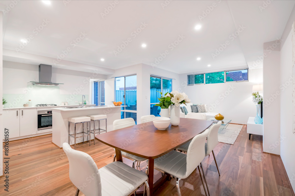 Living and dining area in a modern Australian home.