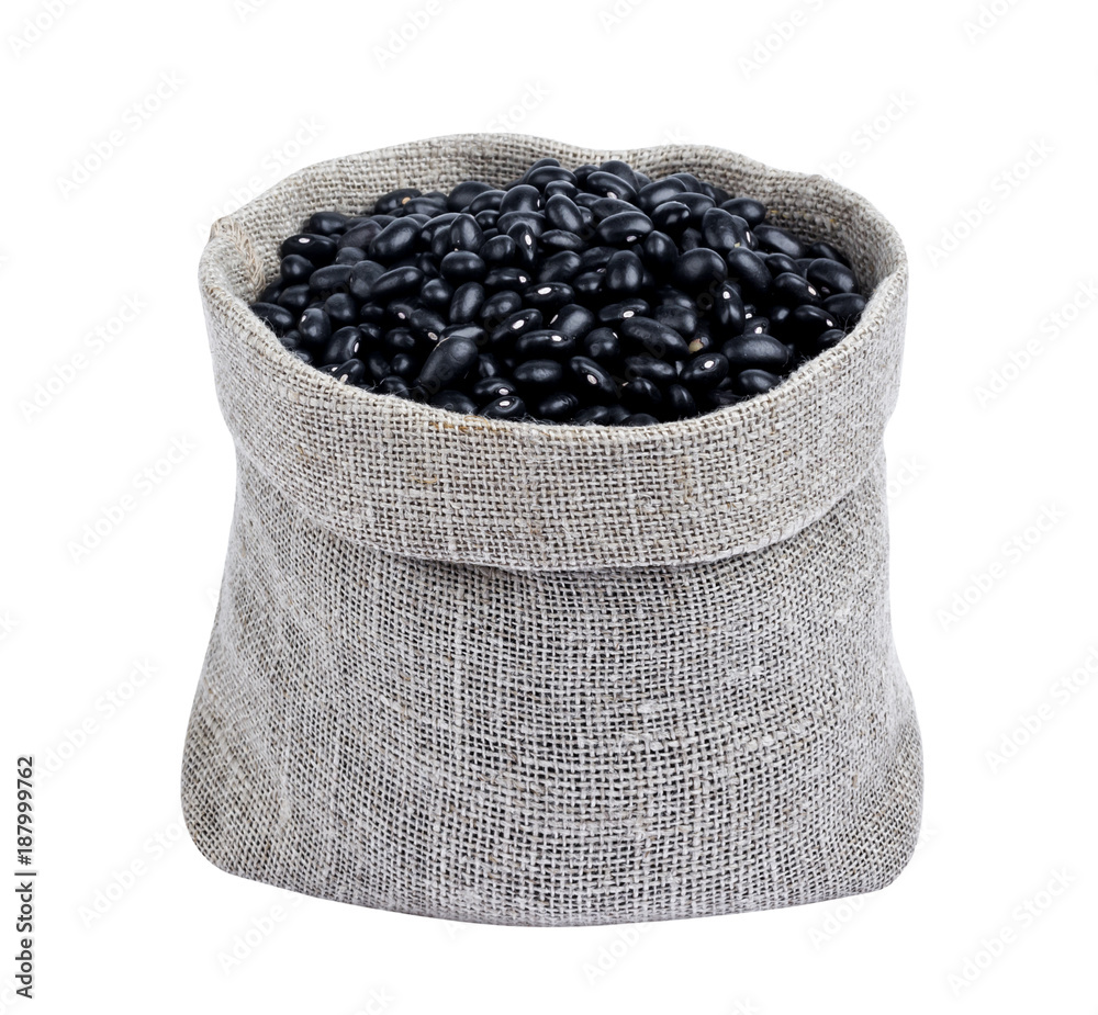 Black beans in bag isolated on white background