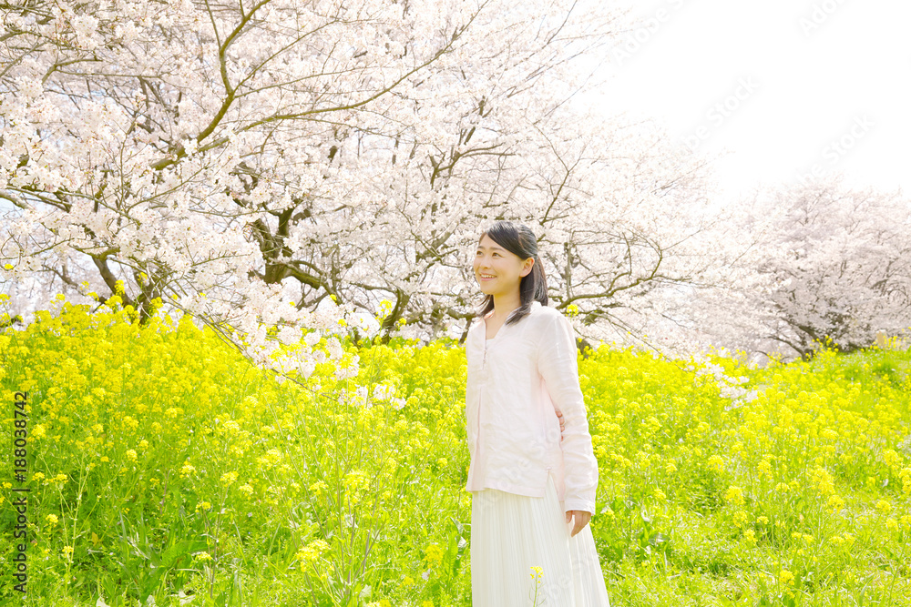 女性　桜と菜の花