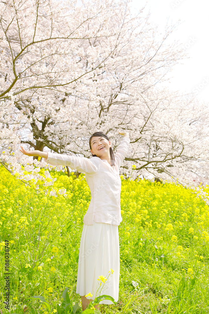 女性　桜と菜の花