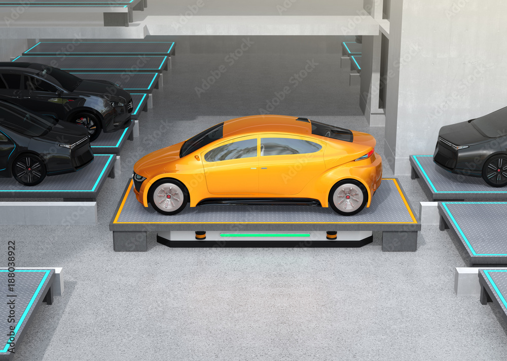 Side view of an automated guided vehicle (AGV) carrying a yellow car to parking space. Concept for a