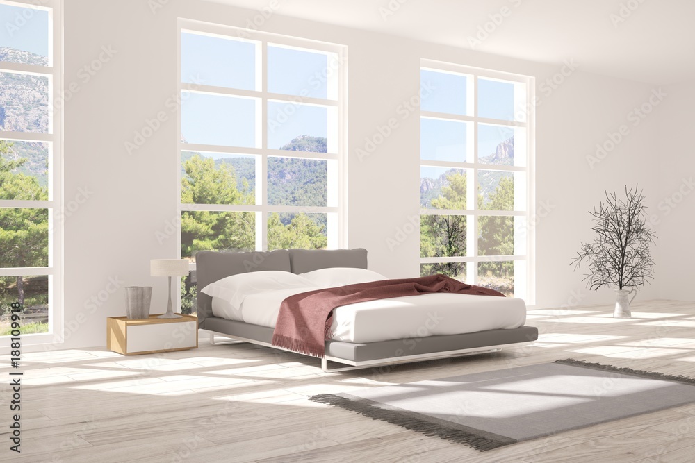 Inspiration of white minimalist  bedroom with summer landscape in window. Scandinavian interior desi