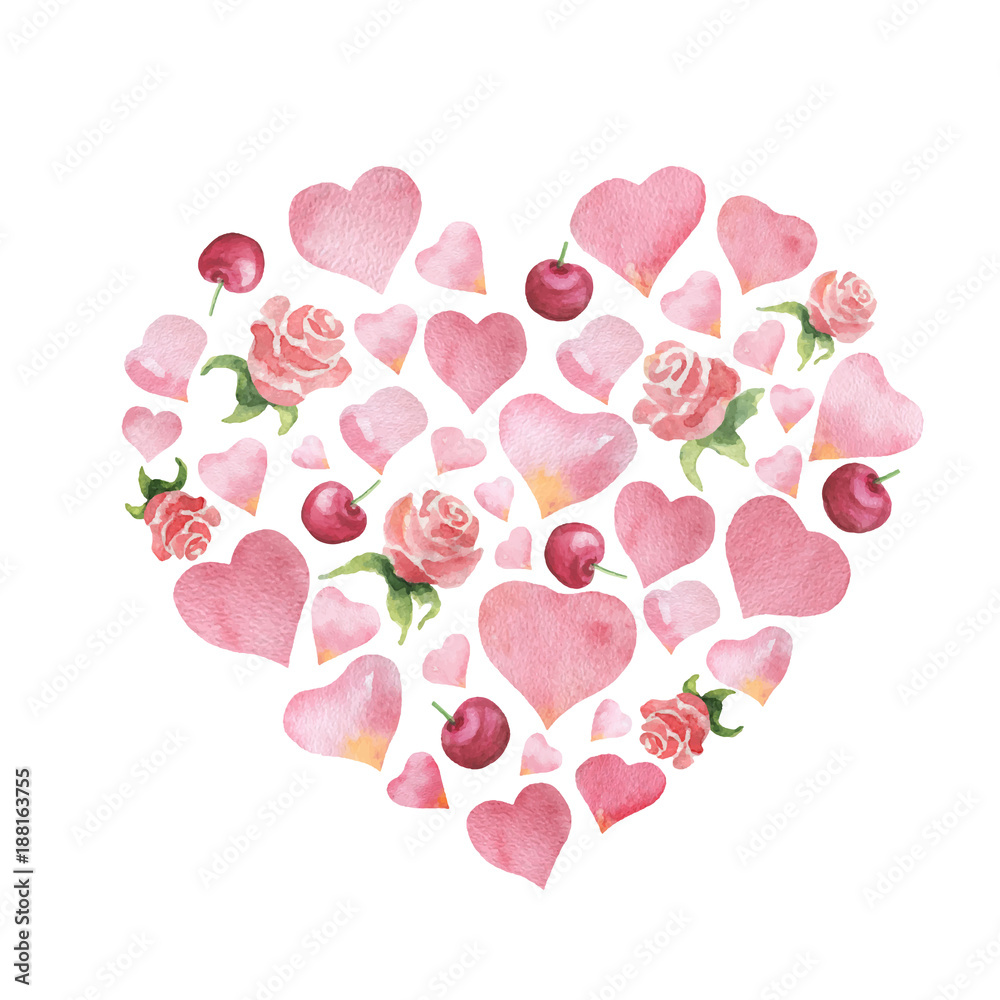 Watercolor vector composition in the shape of a heart with roses and cherries.