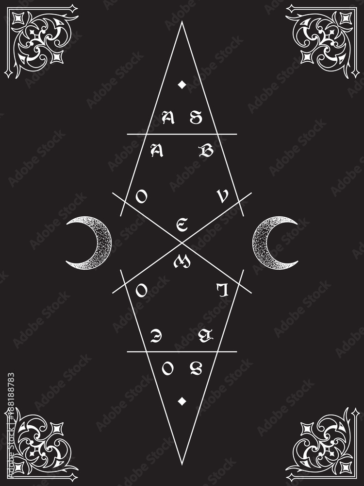 As above, so below. Sacred geometry, waxing and waning crescents. Inscription is a maxim in hermetic