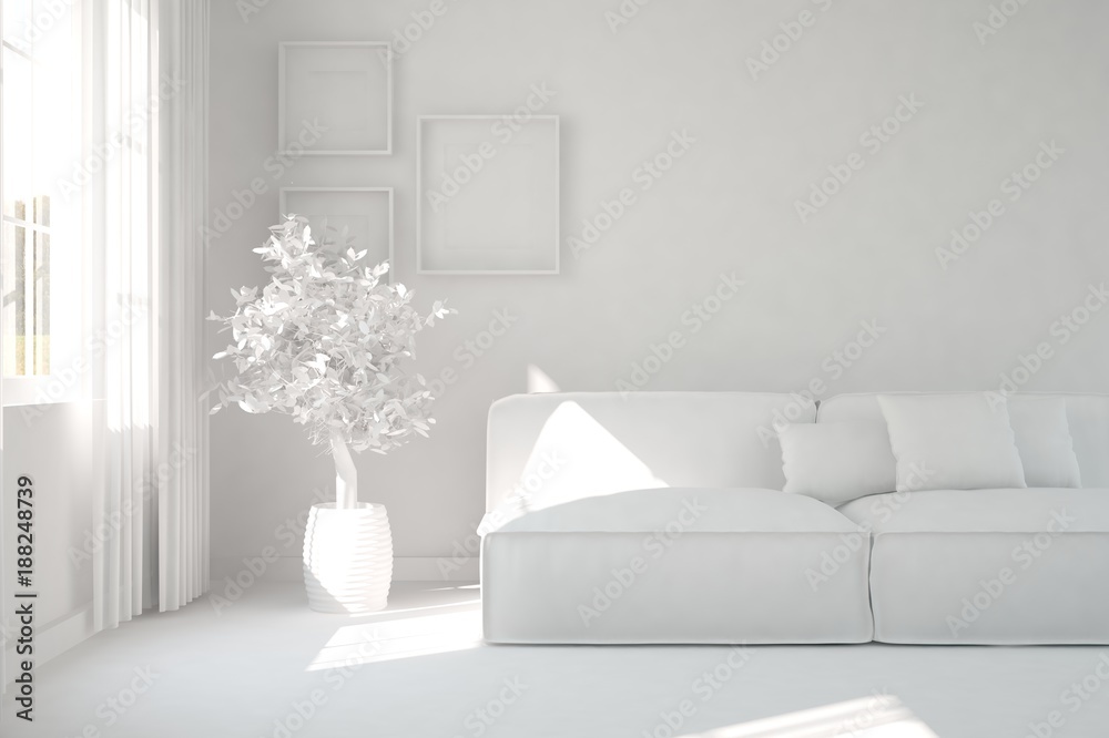 White room with sofa. Scandinavian interior design. 3D illustration