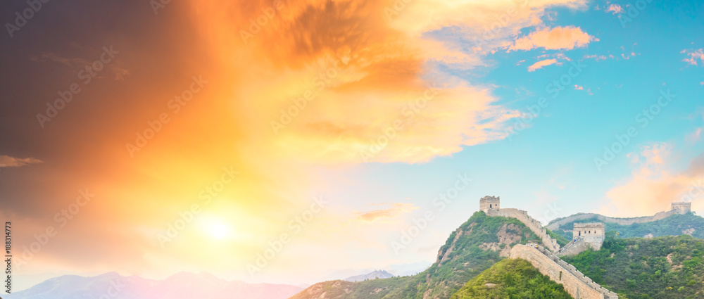 Great Wall of China at the jinshanling section,sunset landscape