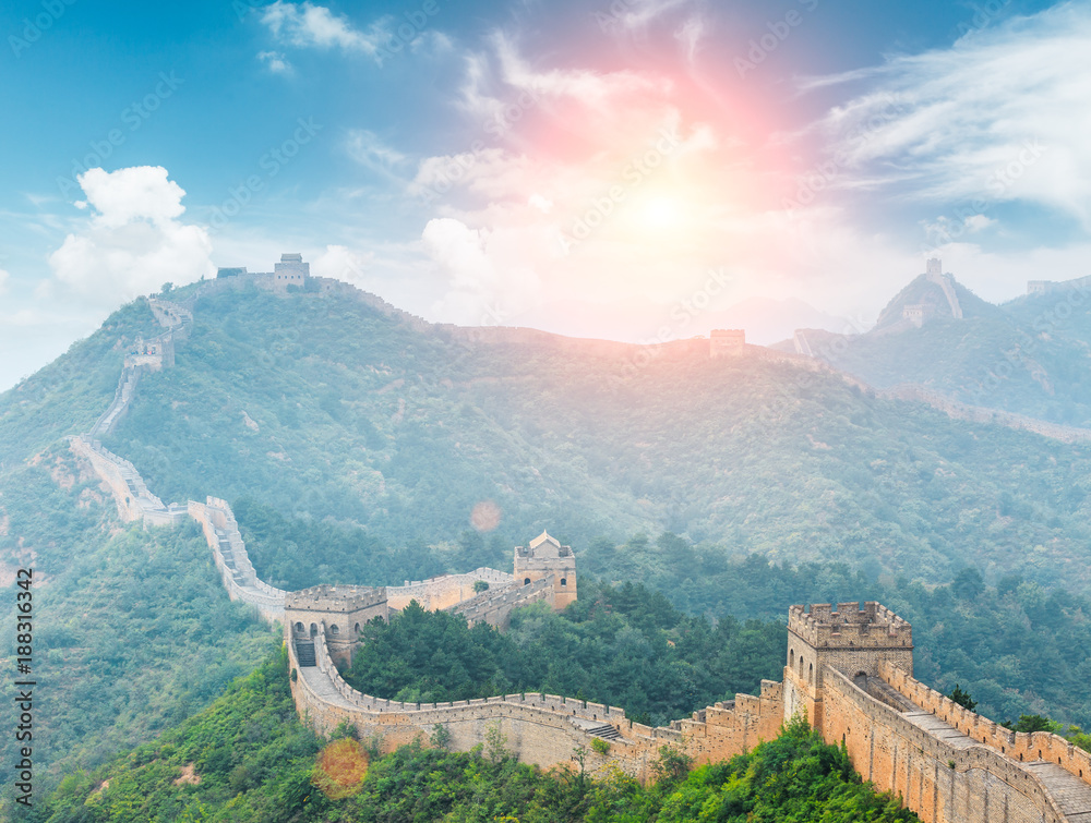 Great Wall of China at the jinshanling section,sunset landscape panoramic view