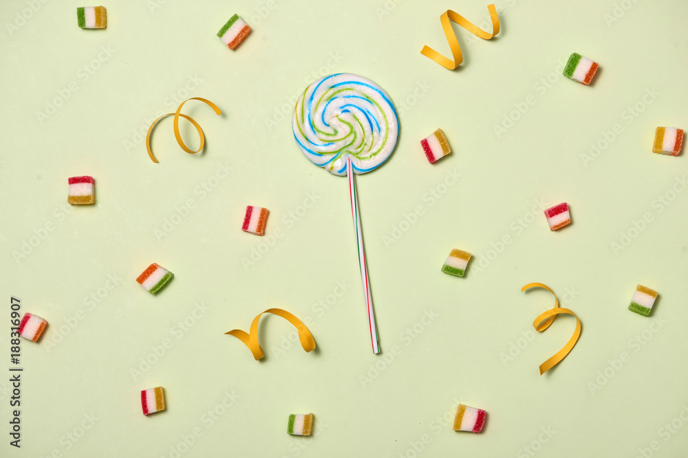 Birthday Concept - Holiday Food Top View Various Sweet Candies on White Background. Fun Decoration. 