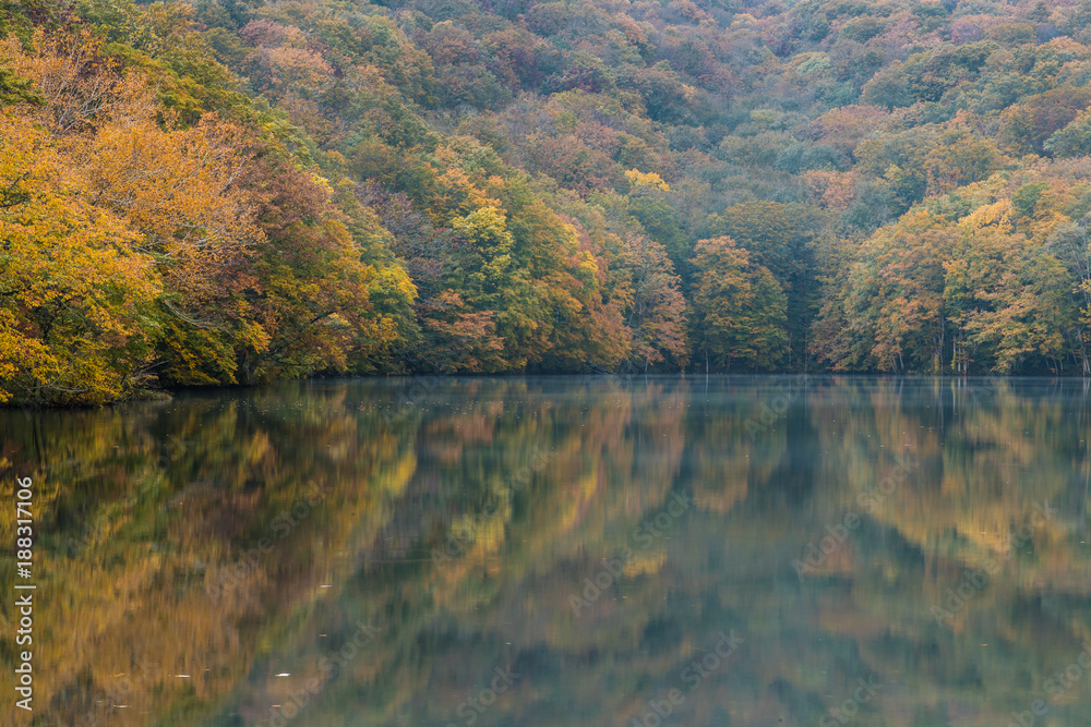 Togakushis Lake，Kagami ike池塘在秋天的早晨