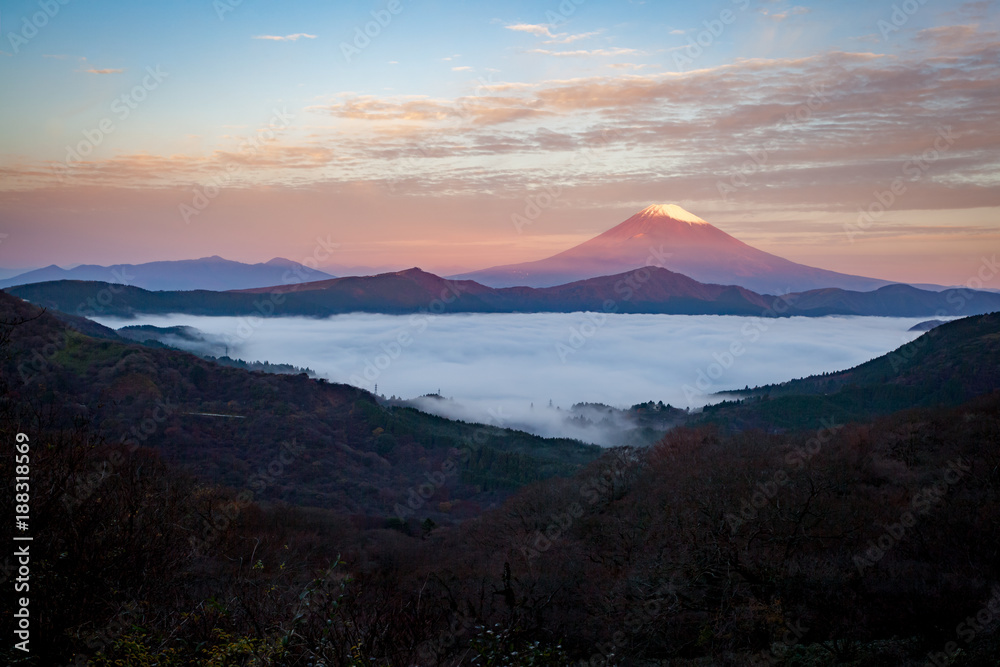 秋日清晨箱根阿势湖上方的富士山和薄雾之海