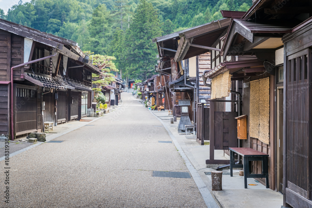 Narai-juku, Japan - September 4, 2017: Picturesque view of old Japanese town with traditional wooden