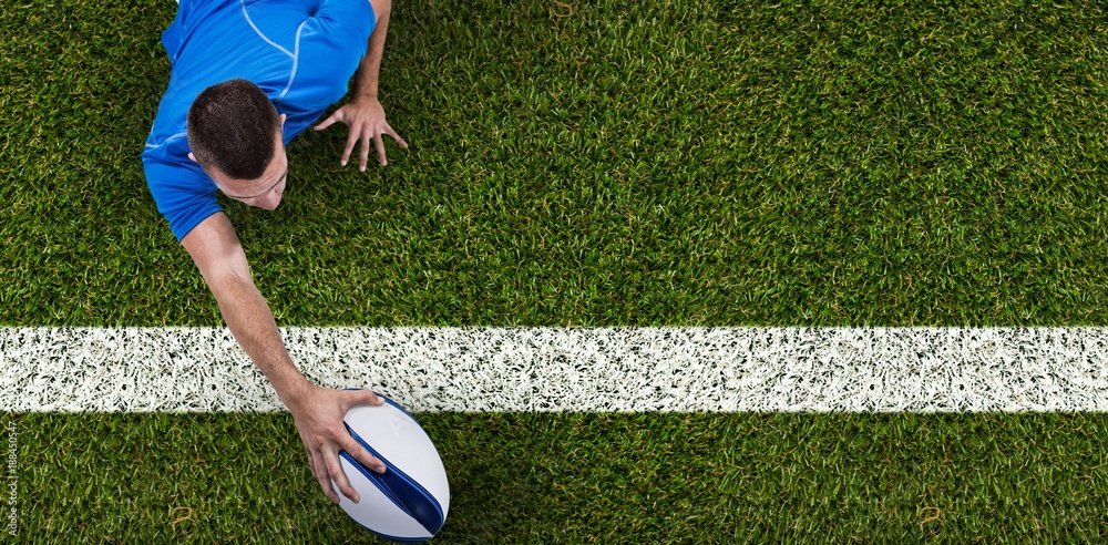 Composite image of rear view of rugby player lying in front with