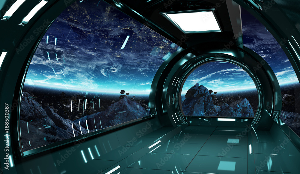 Spaceship interior with view on Earth 3D rendering elements of this image furnished by NASA