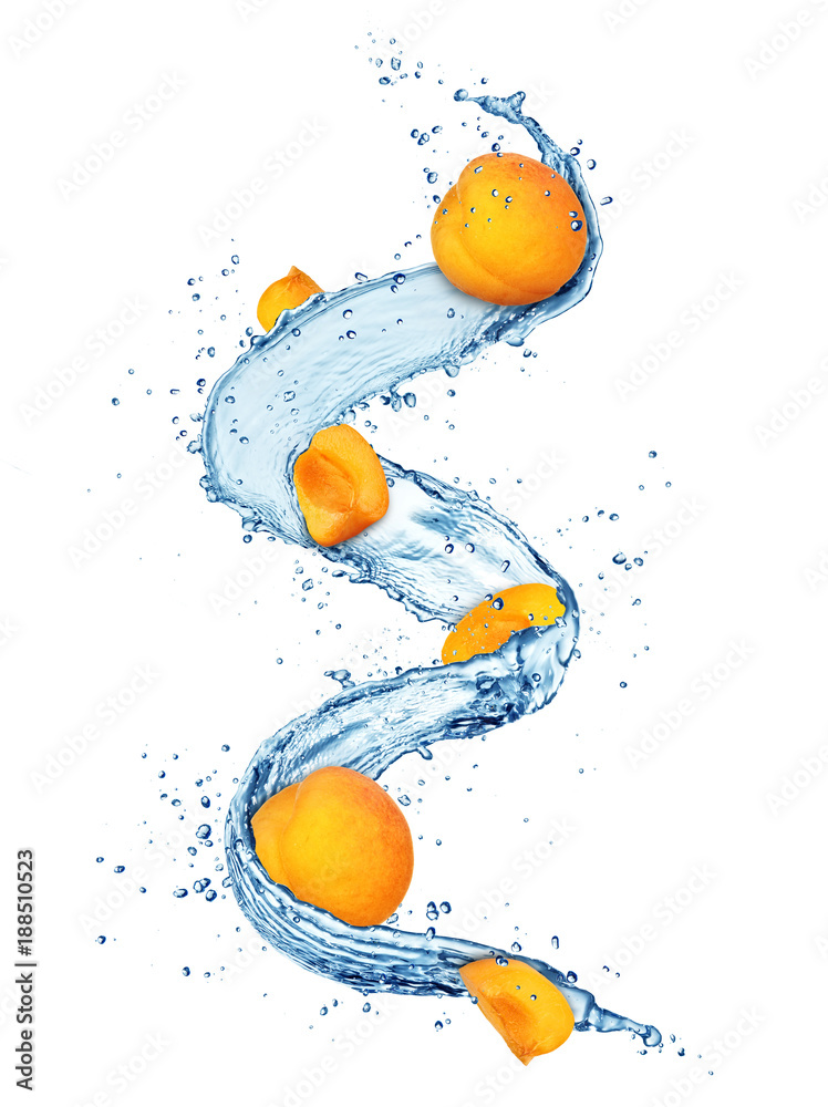 Pieces of apricots in water splashes isolated on white background