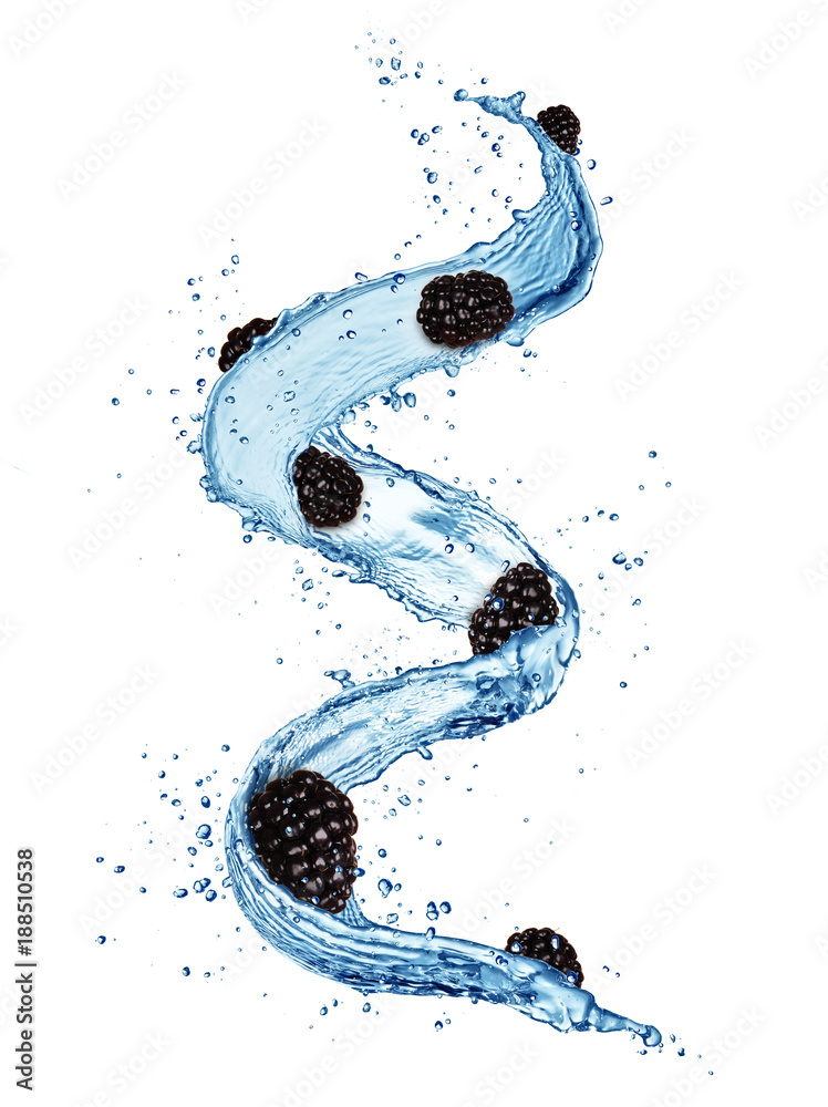 Pieces of blackberries in water splashes isolated on white background