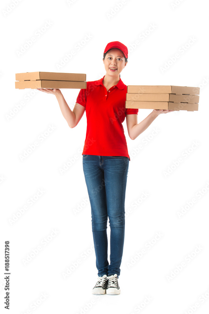 confident woman delivery shipping many pizza