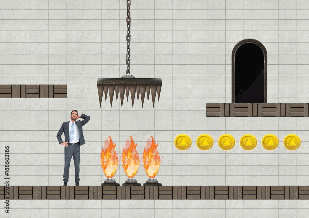 Businessman in Computer Game Level with traps and coins