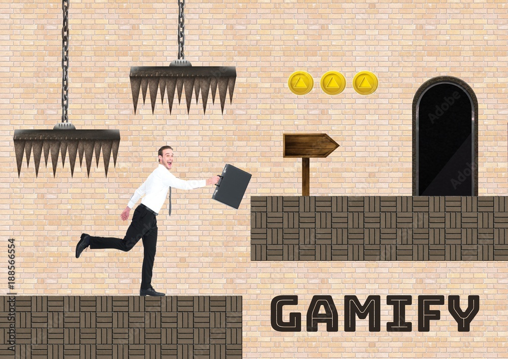 Gamify text and man in Computer Game Level with coins and traps