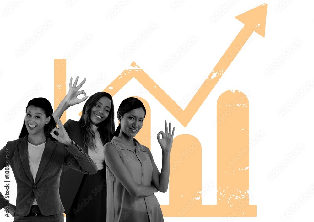 women smiling with ok signs and graph in back