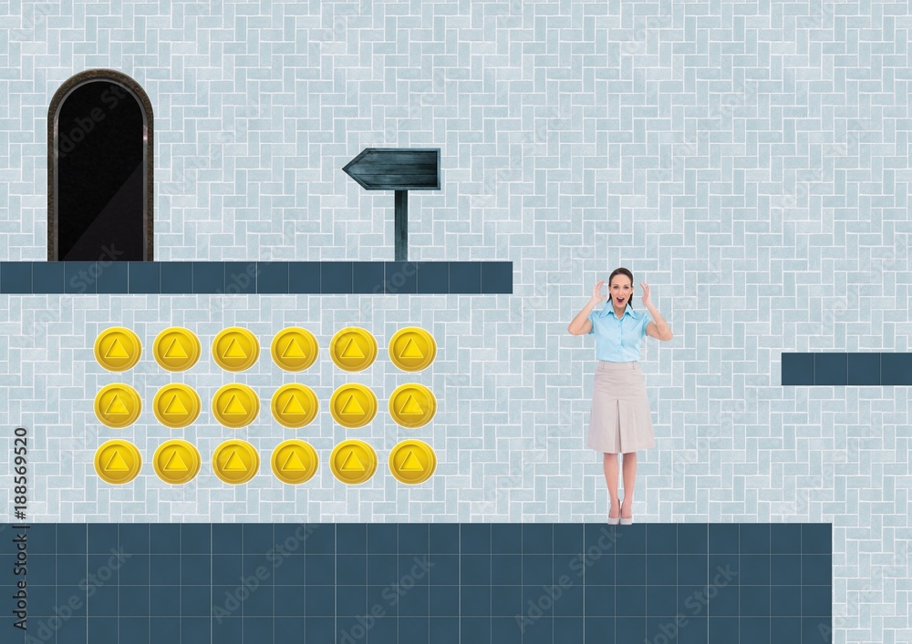 Woman in Computer Game Level with coins