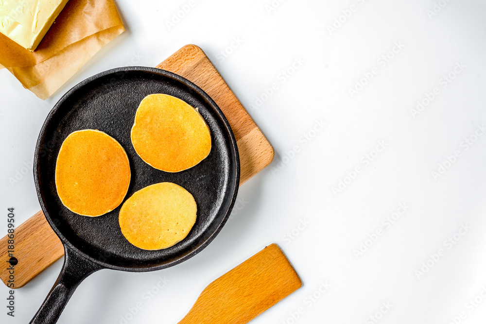 cooking pancake on white background top view ingredients for mak