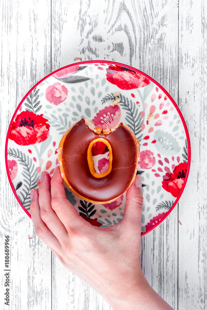 Close up with donuts in sweet shop top view space for text