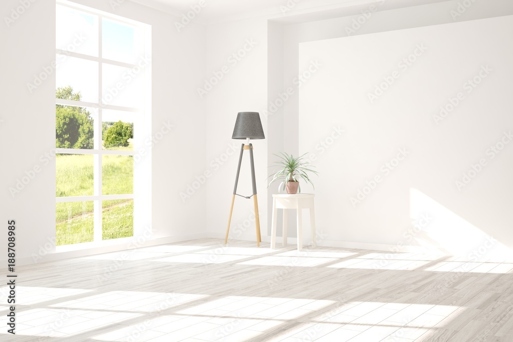 White empty room with summer landscape in window. Scandinavian interior design. 3D illustration