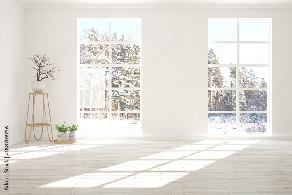 White empty room with winter landscape in window. Scandinavian interior design. 3D illustration