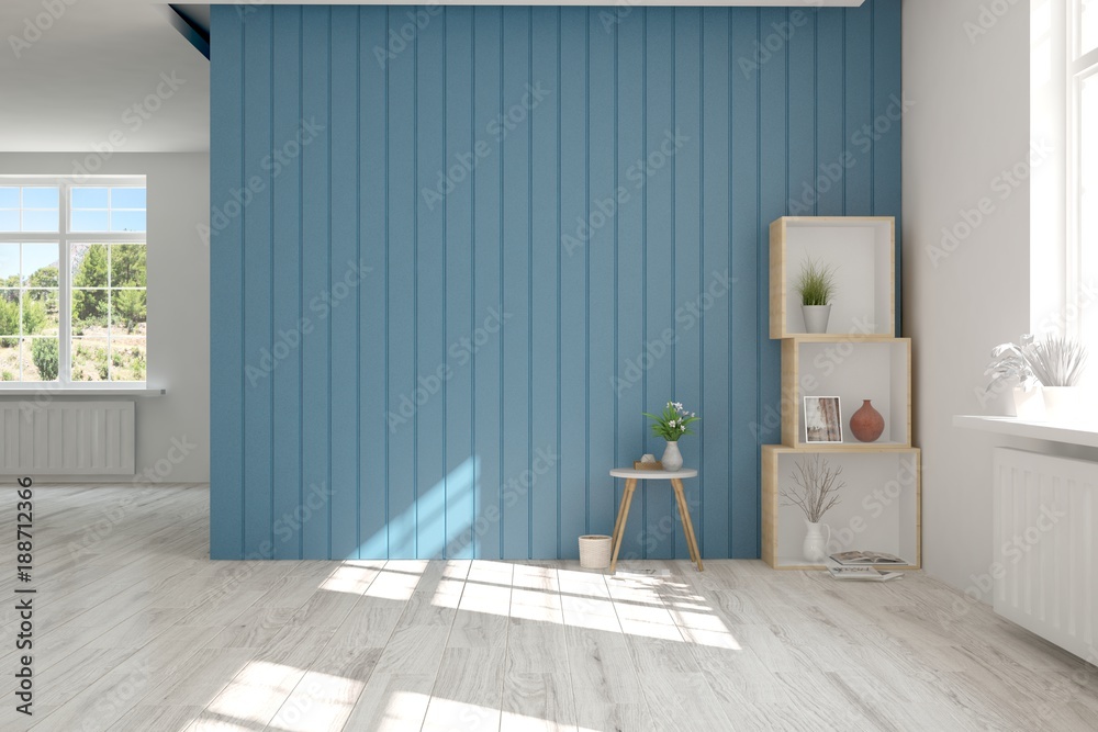 White empty room with shelf and summer landscape in window. Scandinavian interior design. 3D illustr