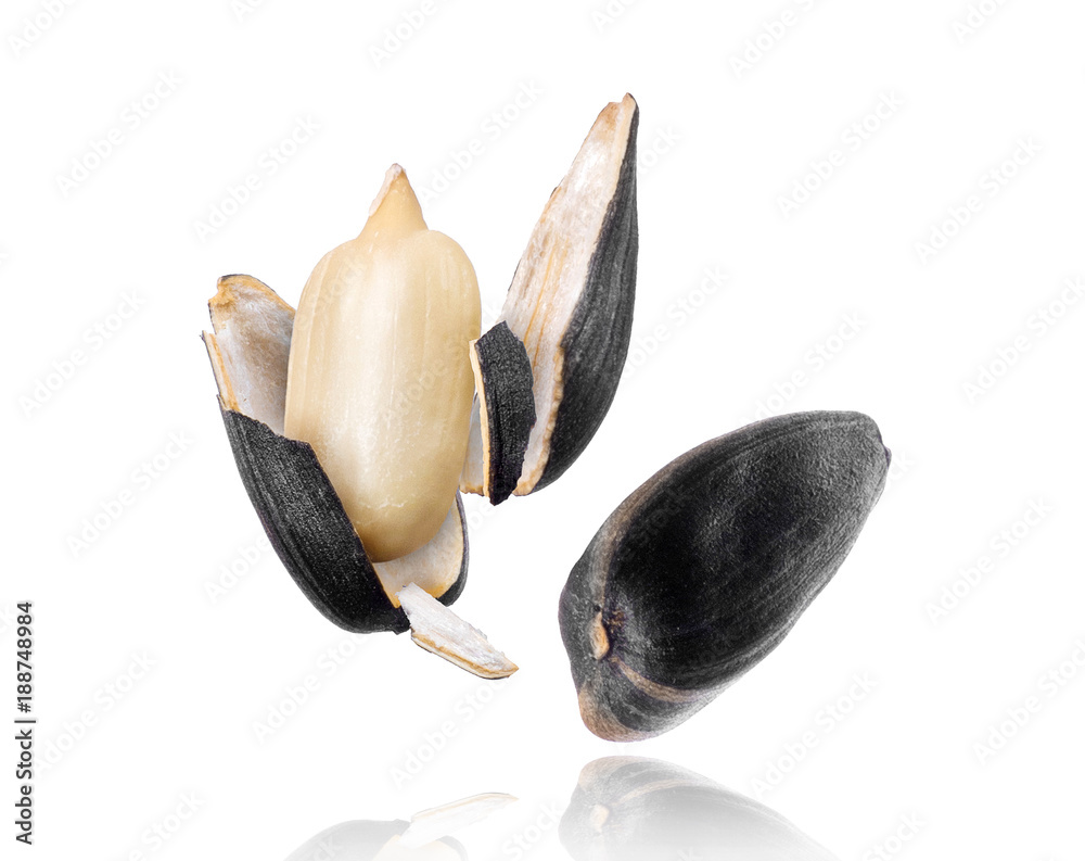 Cracked sunflower seed close-up on white background