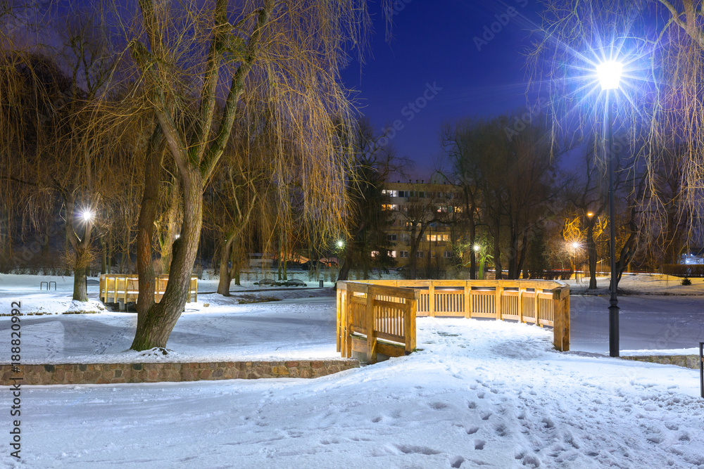 波兰黄昏公园里的雪地冬天