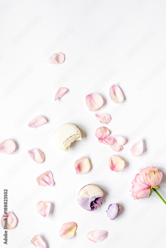 light breakfast disign with flowers on white table top view mock