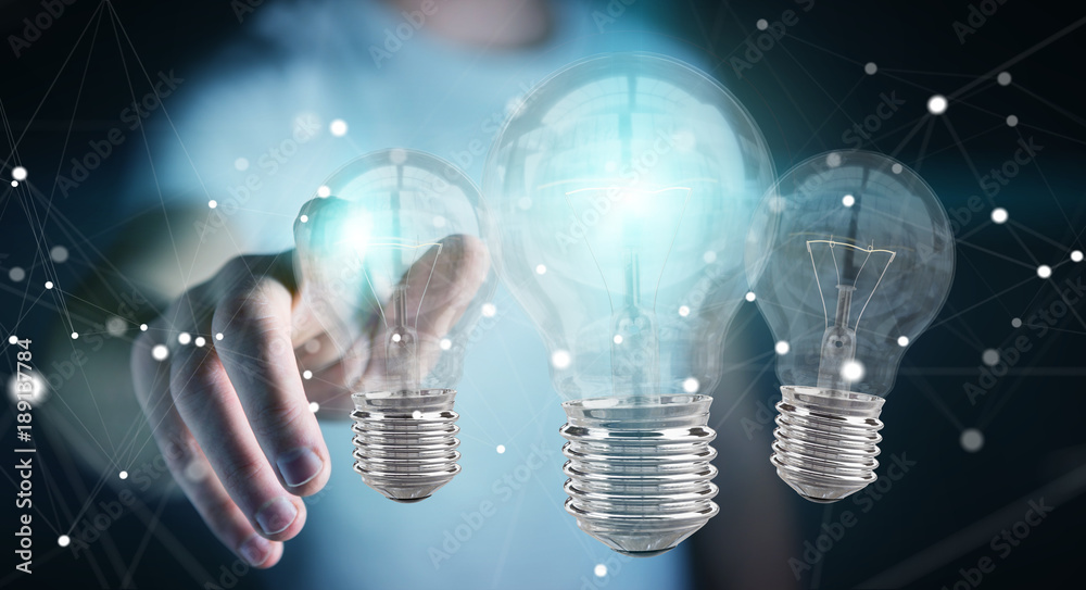 Businessman connecting modern lightbulbs with connections 3D rendering