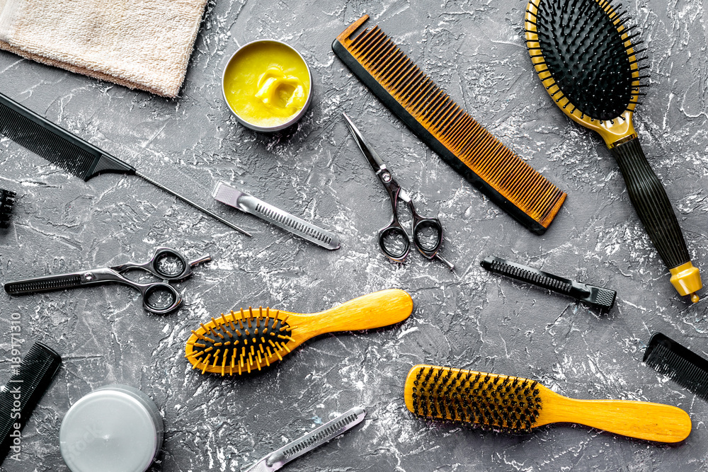 hair cutting preparation with hairdresser tools on desk backgrou