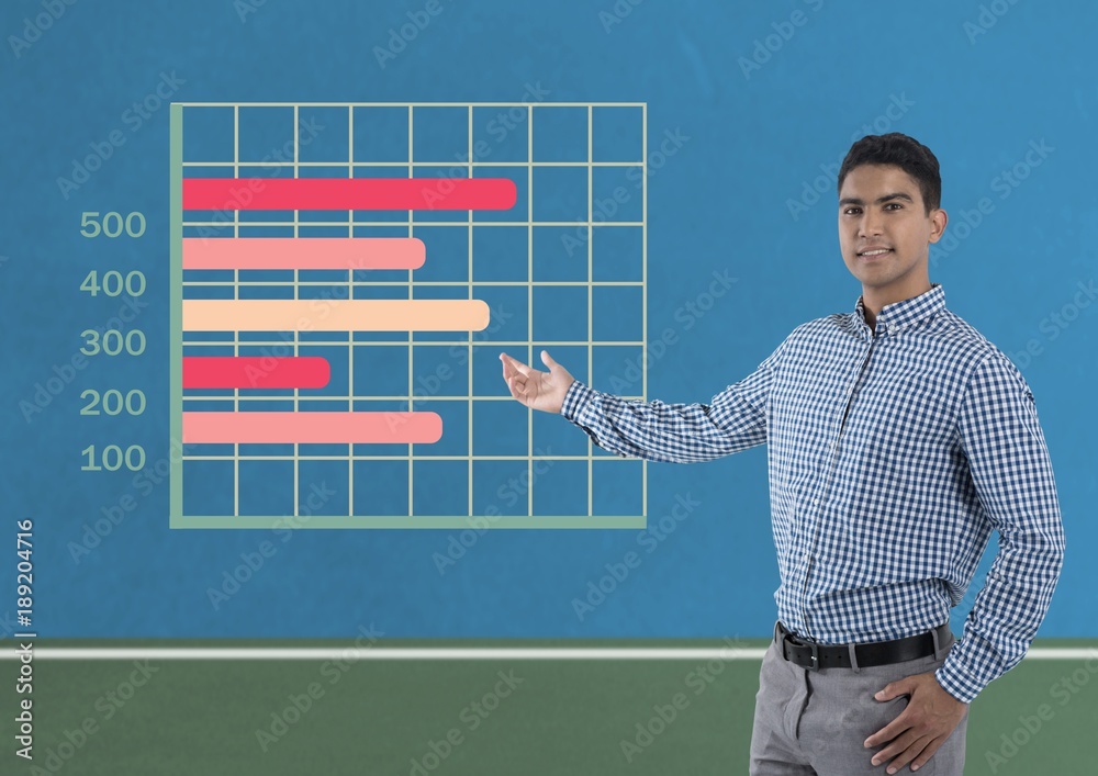 Businessman explaining with colorful grid chart statistics