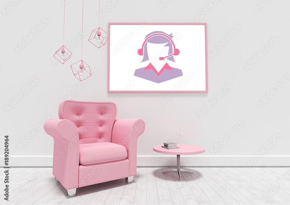 Woman with headset on picture in pink room