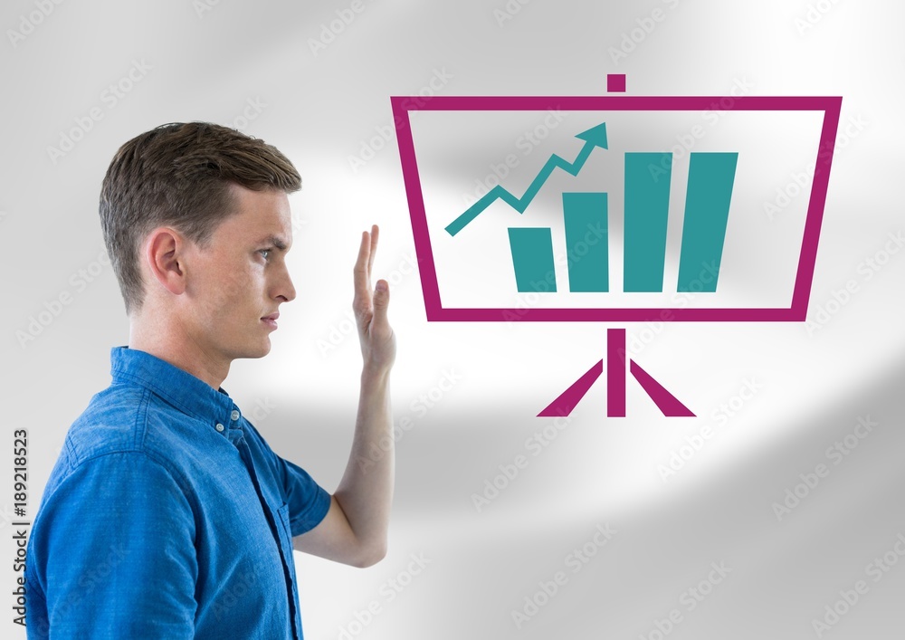 Man raising hand with business chart statistic on screen icon