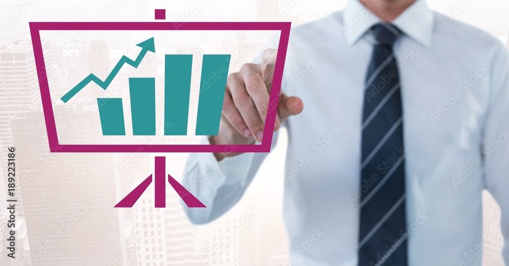 Hand pointing with business chart statistics and screen icons